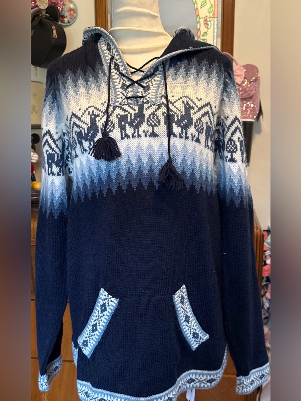 Men's Navy Blue Nordic Knit Pullover Sweater Hoodie Alpaca boho large